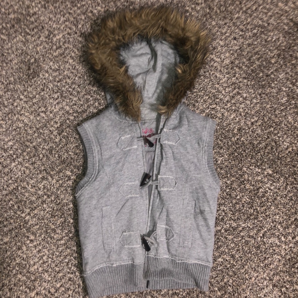 Grey vest with fur hood